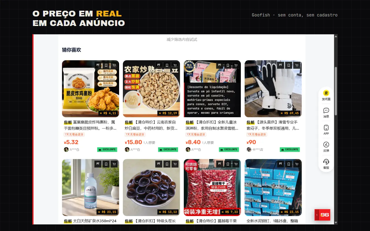 Anúncios do Goofish com o preço em real e o nível do vendedor mostrados pela extensão 86hub Helper